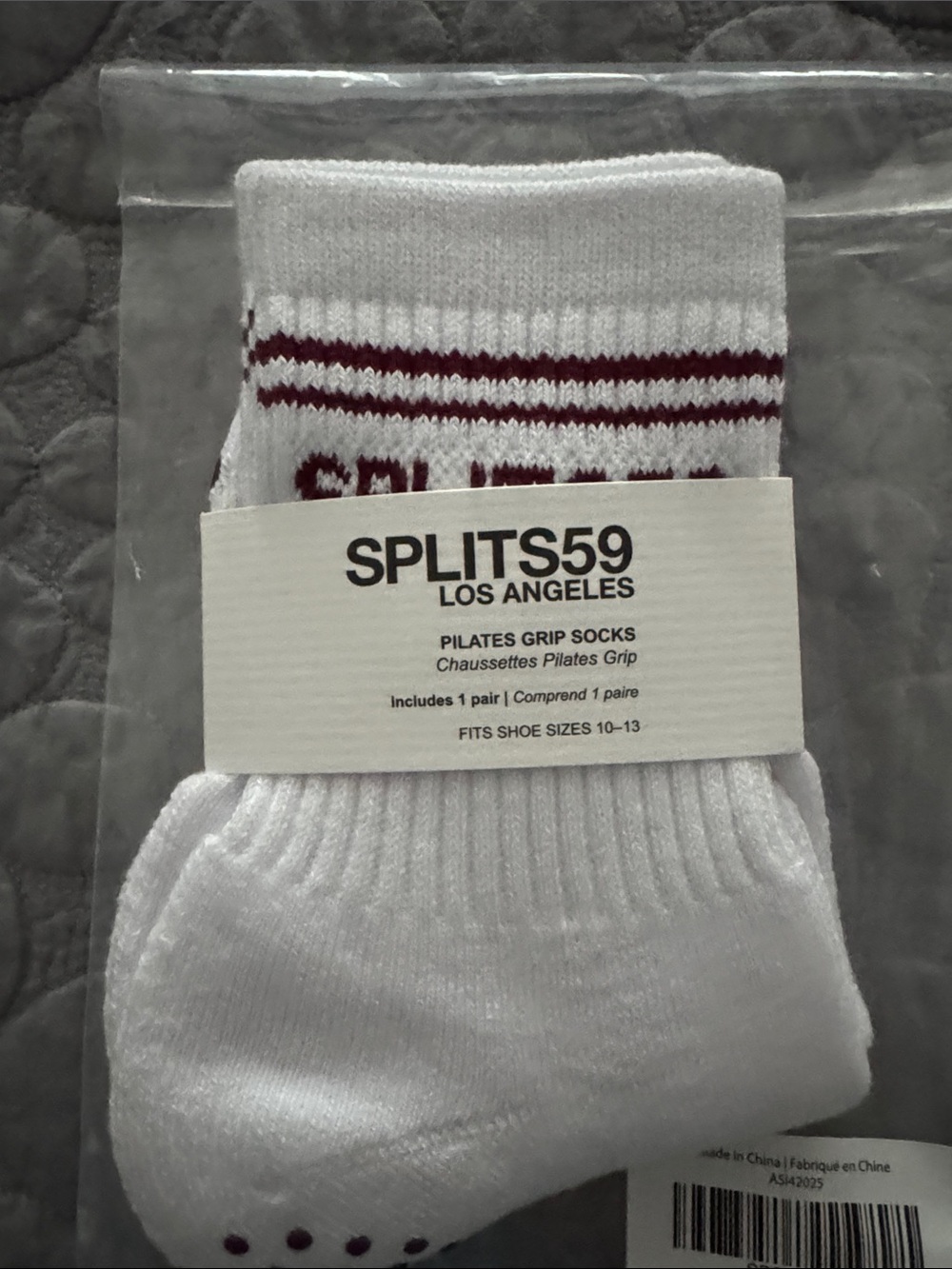 SPLITS59 White Athletic Pilates Grip Socks with Burgundy Stripes